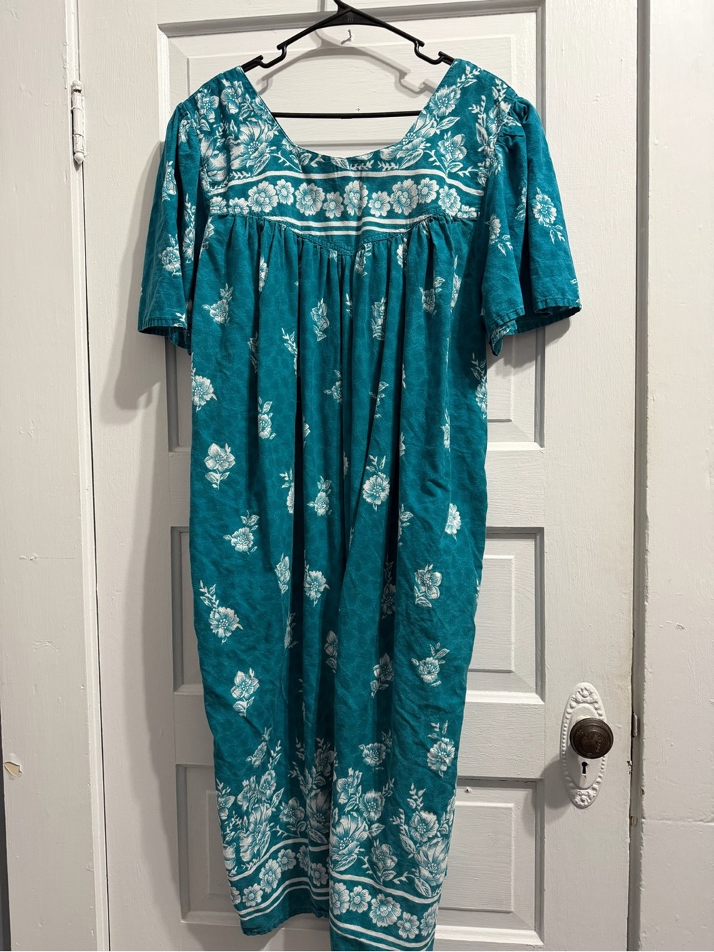 Daffodil Teal Floral Cotton Maxi Short Sleeve Dress with White Flowers - 3X - Picture 5 of 5